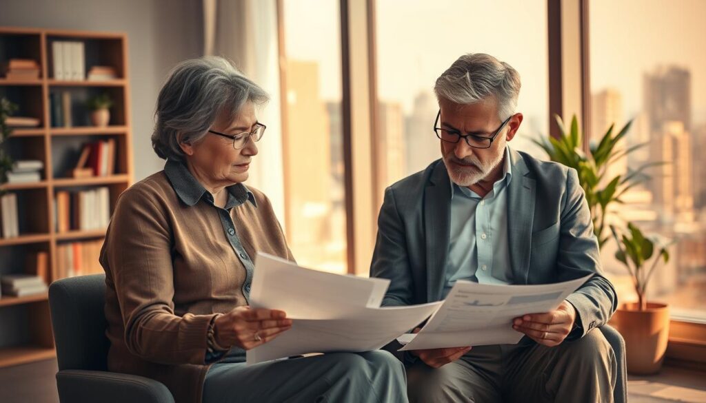 A serene office setting, bathed in warm, natural lighting. In the foreground, a middle-aged couple sits pensively, poring over financial documents and charts, their expressions contemplative as they plan for their retirement with LIC. In the middle ground, a bookshelf and a potted plant add a touch of sophistication, while the background depicts a cityscape through large windows, hinting at the progress and security LIC can provide. The overall atmosphere is one of thoughtful deliberation, with a sense of confidence and financial stability conveyed through the carefully curated details. Meta: Retirement planning, financial security, LIC, middle-aged couple, office setting, natural lighting, financial documents, charts, bookshelf, potted plant, cityscape.