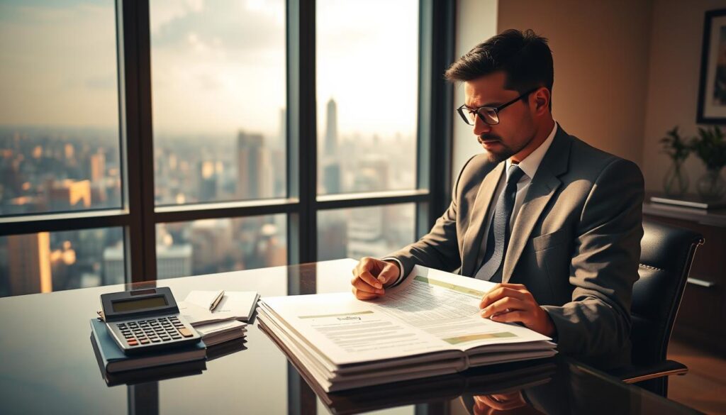 A serene, well-lit office setting with a large window overlooking a bustling city skyline. On the desk, a stack of financial documents, a calculator, and a LIC life insurance policy brochure. A thoughtful professional in a crisp suit sitting at the desk, deep in contemplation, highlighting key sections on the policy. The room is bathed in warm, natural light, creating a sense of tranquility and focus. The overall atmosphere conveys the financial security and tax advantages offered by LIC life insurance plans.