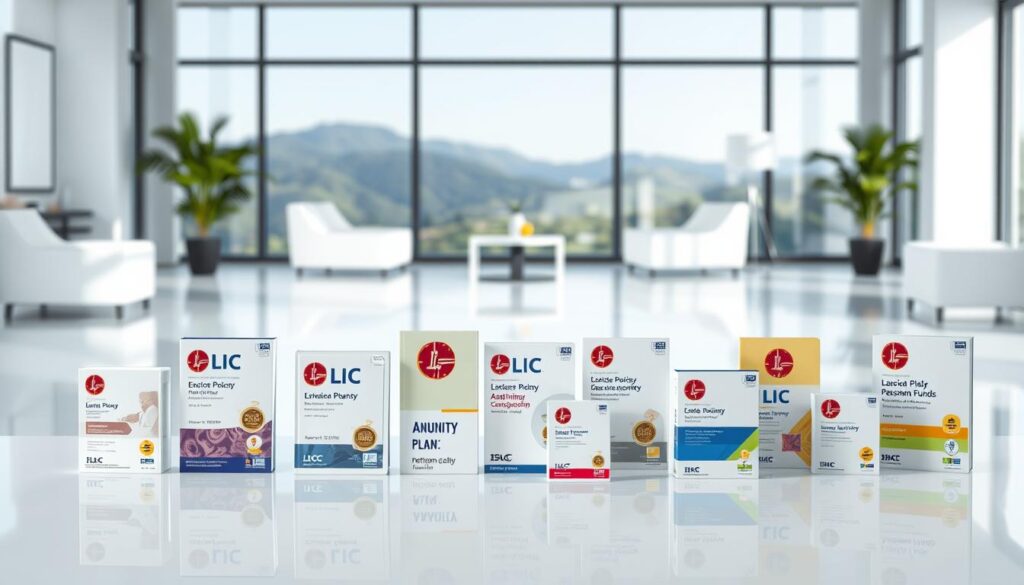 A serene, well-lit scene of a variety of LIC (Life Insurance Corporation of India) pension and annuity plans presented in a polished, high-quality manner. The foreground depicts several retirement plan products, including annuity policies and pension funds, neatly arranged on a sleek, reflective surface. The middle ground showcases a clean, modern office setting with minimalist furniture and decor, creating a professional and trustworthy atmosphere. The background features a large window overlooking a tranquil, picturesque landscape, symbolizing the security and stability of LIC's offerings. The lighting is soft and diffused, highlighting the products' details and branding. The overall composition conveys a sense of financial security, reliability, and the promise of a comfortable retirement.