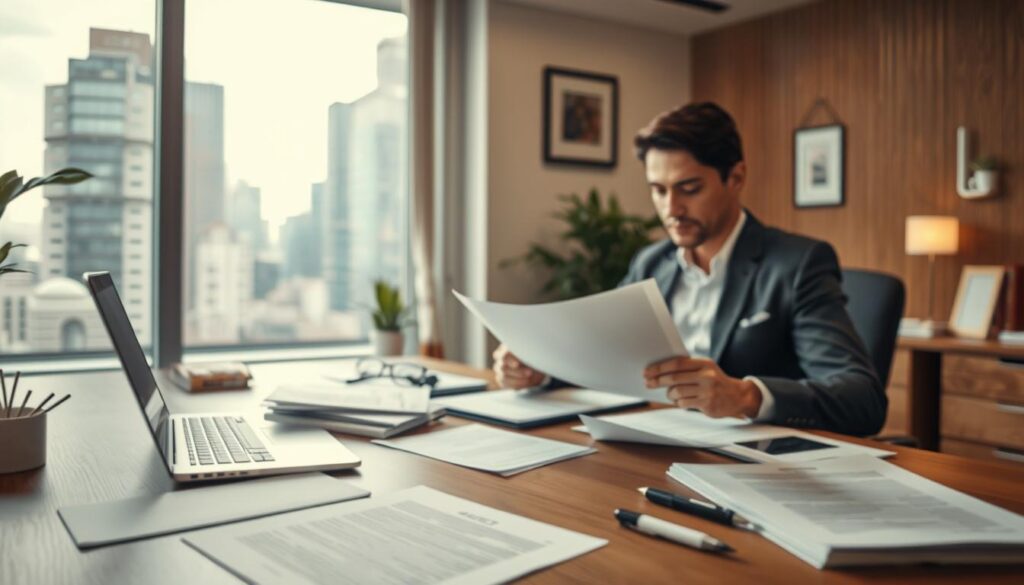 A well-lit office setting with a wooden desk, a laptop, and various documents and paperwork. In the foreground, a person in professional attire is engaged in the LIC claim settlement process, carefully reviewing documents and making notes. The background features a window overlooking a bustling cityscape, conveying a sense of efficiency and professionalism. The overall atmosphere is one of diligence and attention to detail, reflecting the importance of the LIC claim settlement process. Soft, warm lighting and a neutral color palette create a calming and trustworthy environment.