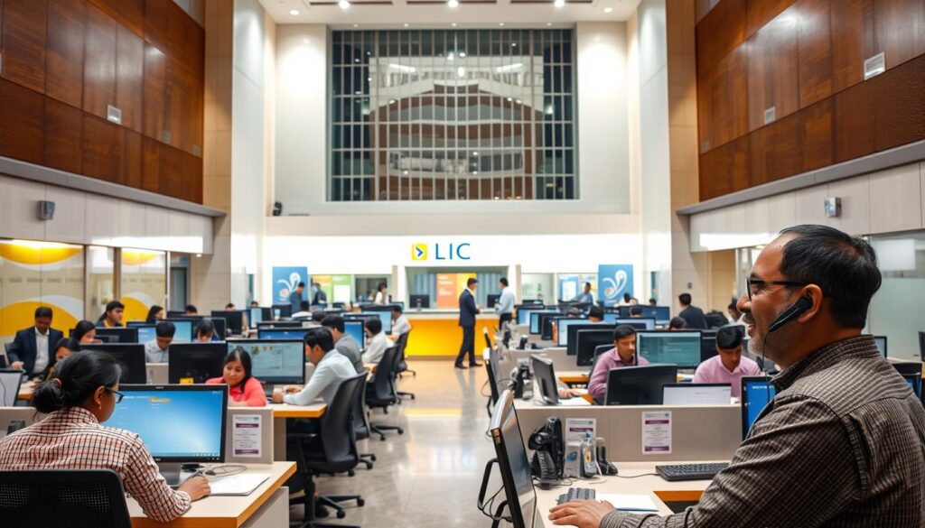 A bustling LIC customer service center, bathed in warm lighting and bustling with activity. In the foreground, a trained agent, Sanjay Kumar, an expert with 15+ years of experience, speaks warmly on the phone, guiding a policyholder through a claim process. Surrounding him, rows of neatly organized desks and computer screens, where diligent support staff assist customers with policy inquiries and concerns. In the middle ground, a sleek, modern reception area with helpful signage, directing visitors to the appropriate service counters. The background showcases the grand, imposing facade of the LIC building, conveying a sense of trust and reliability. The overall atmosphere is one of professionalism, efficiency, and a genuine commitment to customer satisfaction.