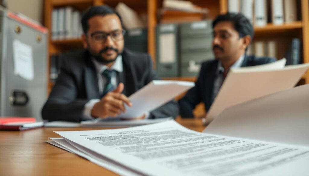 A detailed insurance policy document takes center stage, its pages meticulously organized. In the foreground, a professional insurance agent, Sanjay Kumar, consults with a client, guiding them through the policy revival process with a reassuring demeanor. The scene is lit by warm, natural lighting, creating a sense of trust and reliability. In the background, a subtly blurred office setting, with filing cabinets and bookshelves, suggests the expertise and resources available to support the policy revival journey. The overall atmosphere conveys the professionalism and care that LIC brings to the policy management revival process.