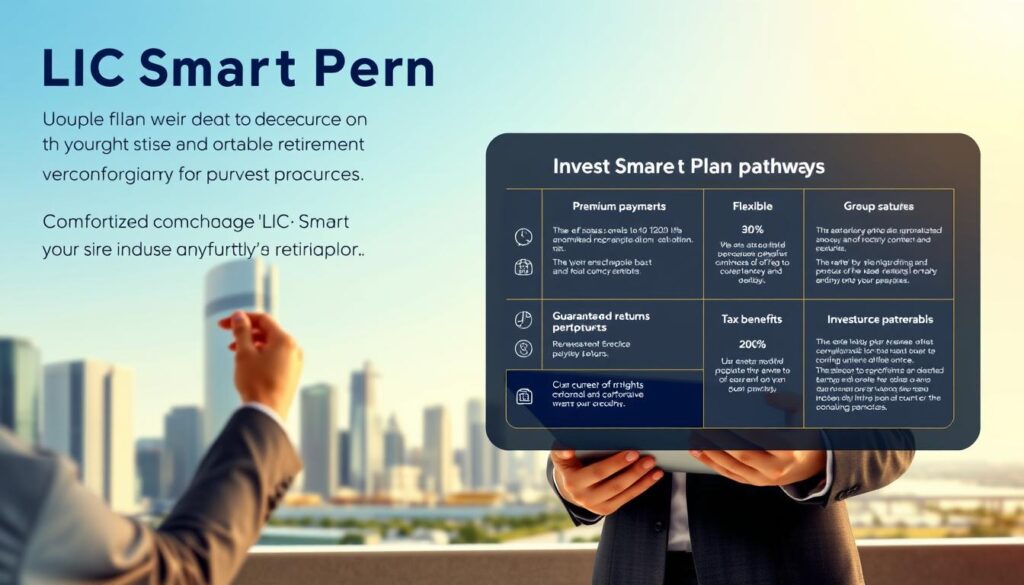 A detailed, photorealistic illustration of the "LIC Smart Pension Plan" purchase options, showcasing the various investment pathways available to secure a comfortable retirement. In the foreground, a well-dressed individual thoughtfully considers the plan details displayed on a sleek, modern tablet device. The middle ground features a visually appealing infographic outlining the plan's key features, such as flexible premium payment options, guaranteed returns, and tax benefits. The background depicts a serene, urban landscape with skyscrapers and a clear, blue sky, conveying a sense of financial stability and long-term security. The overall scene is lit by warm, directional lighting, creating a professional, yet inviting atmosphere. The image is presented in a clean, minimalist style, allowing the essential information to take center stage.