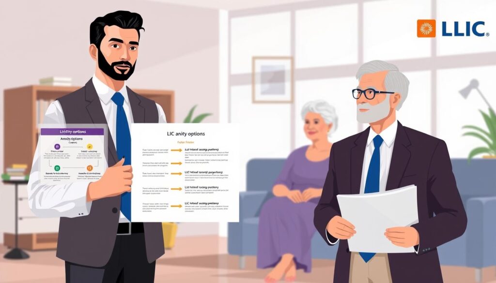 A serene and professional illustration of "LIC Annuity Options Explained". In the foreground, a well-dressed financial advisor presents a clear infographic detailing the various annuity options available from LIC. The middle ground showcases a couple in their golden years, contemplating their retirement plans. In the background, a modern office setting with tasteful decor and natural lighting creates a reassuring atmosphere. The overall mood is one of clarity, security, and informed decision-making, conveying the importance of understanding annuity options for a fulfilling retirement.
